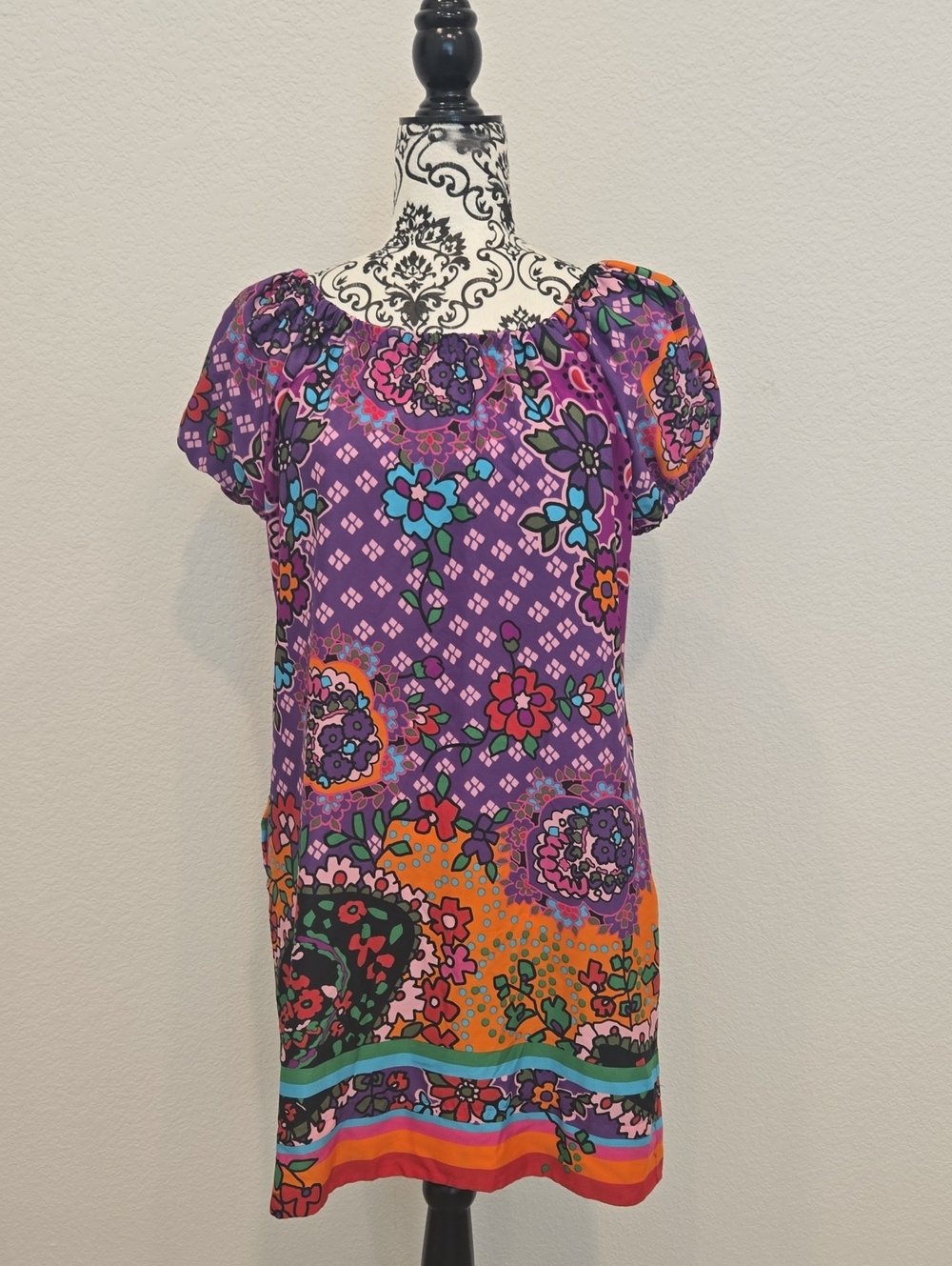 Uncle Frank Purple Floral Mini Dress with Multicolor Border